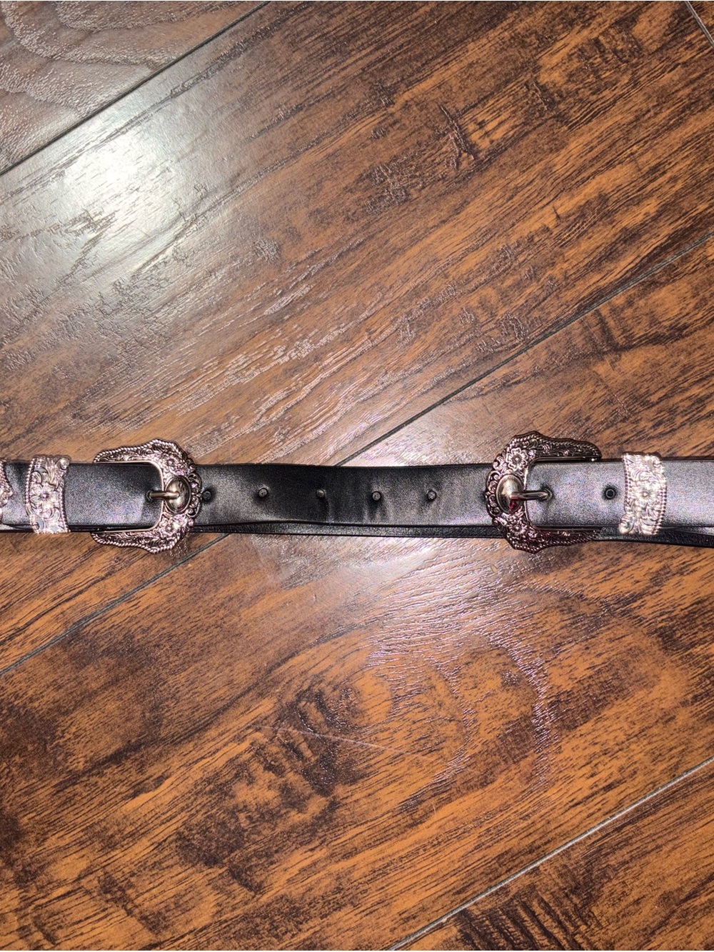 Women's Black Double-Buckle Western Belt with Crystal Accents